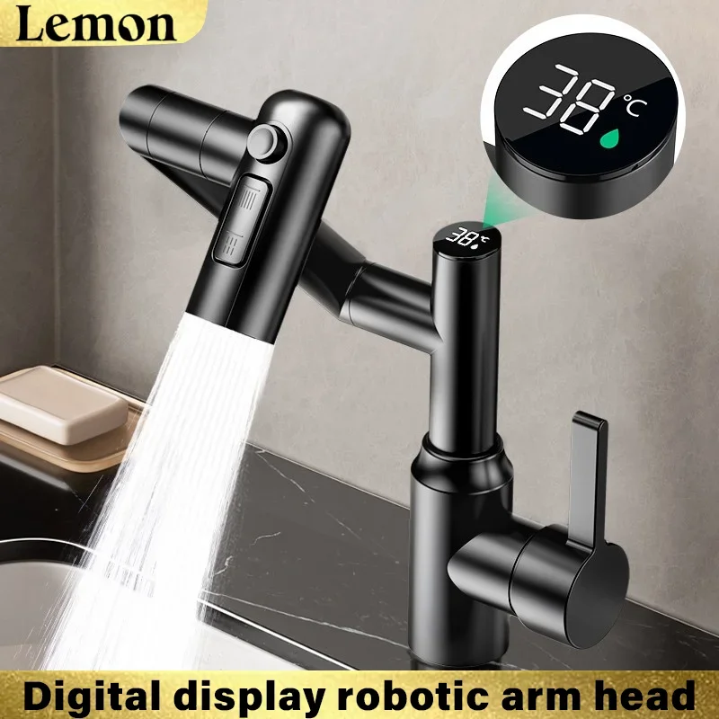 

Stainless Steel Bathroom Basin Faucets Mechanical Arm Hot Cold Mixing Tap with Digital Display Universal Rotation for Household