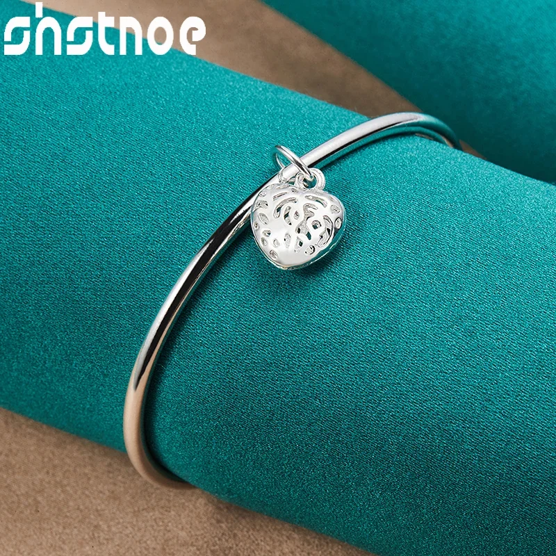 

SHSTONE 925 Sterling Silver Hollow Heart Adjustable Opening Bangles For Women Bracelets Fashion Engagement Wedding Party Jewelry