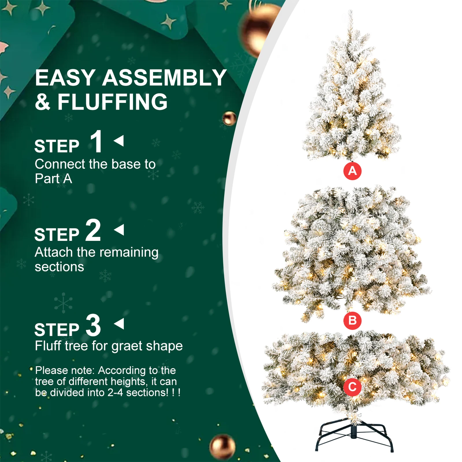 5/6/7FT Pre-lit Artificial Christmas Tree Automatic Open PVC Mixed Flocking Xmas Tree with 200/300/400LEDsTungsten String Light