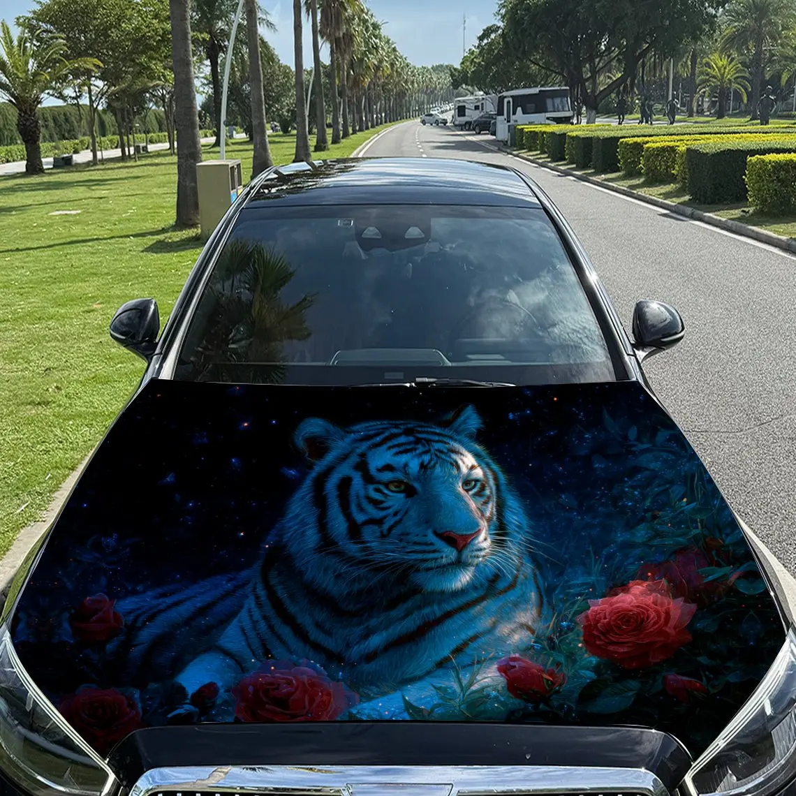 

Enchanting Tiger with Red Roses in Starry Background Car Vinyl Wrap, PVC Material Waterproof Car Hood Sticker, Self-Adhesive Scr
