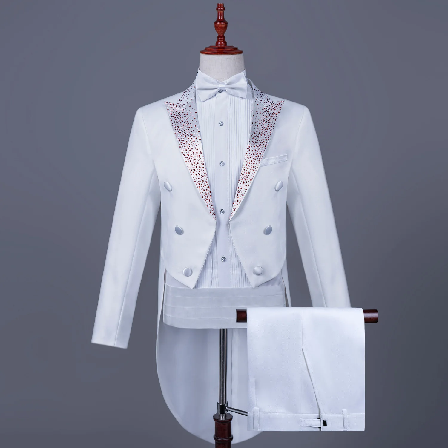 

(Трюк + брюки + галстук-бабочка + пояс) Мужской костюм со стразами Певец-хозяин Сцена Хор Фокусник Сцена Черный Белый Тонкий комплект из 4 предметов