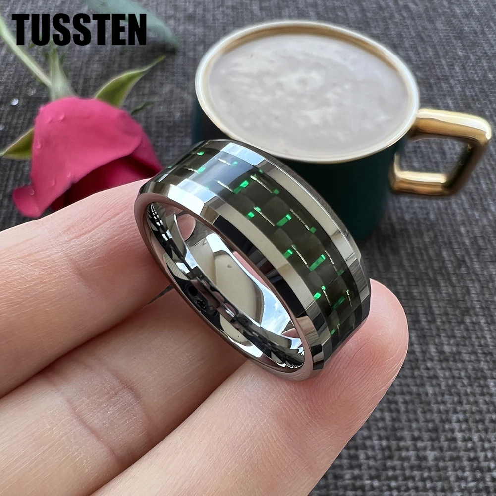 Dropshipping TUSSTEN 6/8MM Men Women Tungsten Wedding Band Black Green Carbon Fiber Inlay Shiny Bevel Edges Comfort Fit