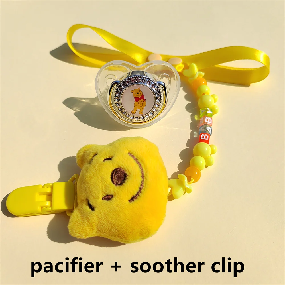 Plush Winnie Pooh Purple Dumbo Beads Custom Baby Pacifier Clips with Silica Gel Safe Super Soft Bling Cartoon Anime Print Dummys