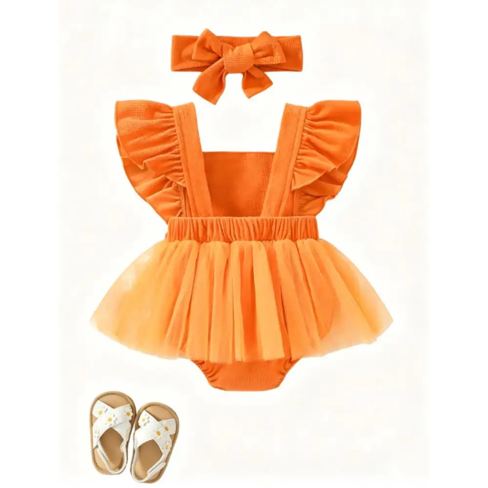 2026 New Best-selling Halloween Infant Baby Outfit Pattern Bows Ribbed Flying Sleeve Bodysuit Bow Headband Clothes Set Citgeett