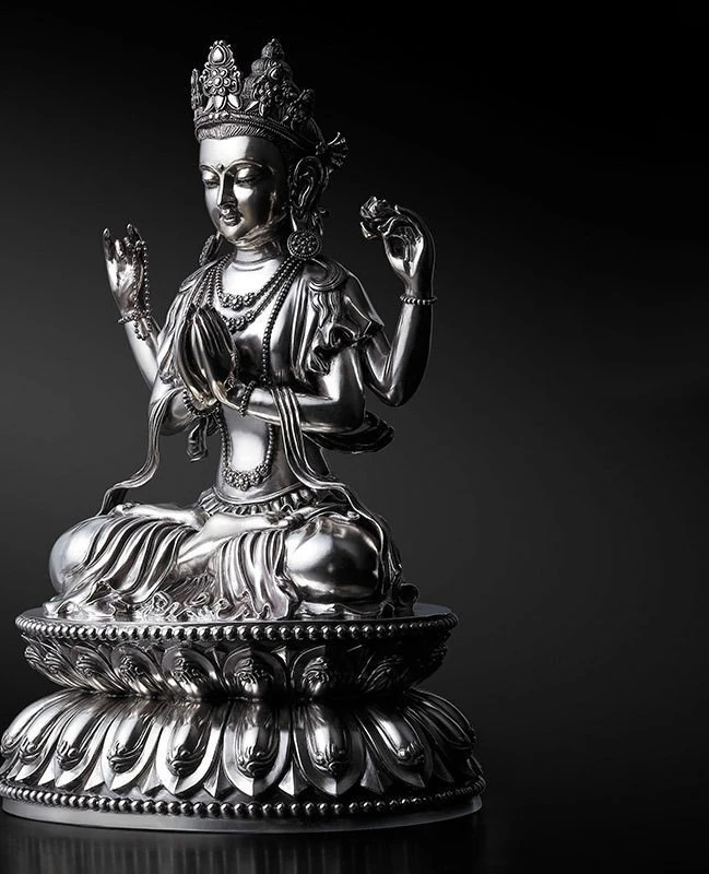 Four-arm Guanyin pure Buddha statue, black 3-inch portable engraved small Buddha statue, tantra offering ornament can be stored