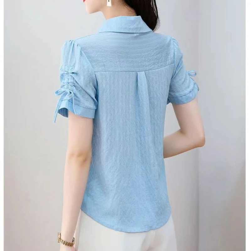 Temperament New Summer Short Sleeve Polo Neck Shirt Tops Thin All-match Solid Loose Elegant Blouse Fashion Office Women Clothing