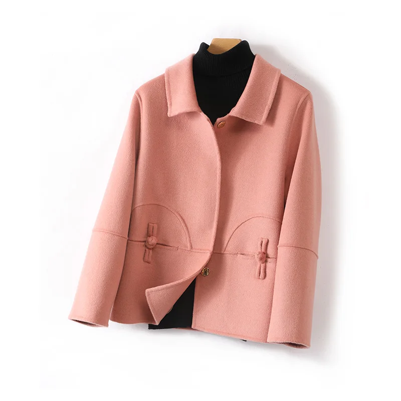 Women's Casual Polo Collar Short Plate Buckle Coat 100% Pure Wool Fashion Top All-Matching Elegant Wear