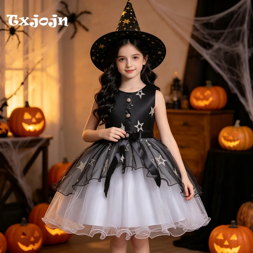 Halloween Girl's Dress with Free Hat 3-14 Years Old Girl's Layered Fluffy Dress Sleeveless Bow Mesh Dress Performance Dress