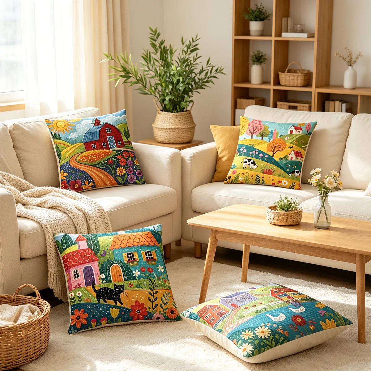 4PCS Digital Print Pillow Covers, Cushion Covers, Colorful Country Cottage Barn Cows Ducks Bright Rural Home Sofa Decor