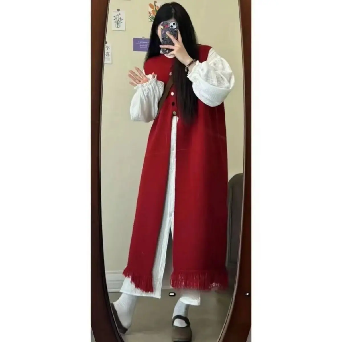 เดรสไหมพรมแขนกุดลำลองสำหรับผู้หญิง ฤดูหนาว ผ้าเมอริโน แต่งระบายหลายชั้น ดีไซน์แฟชั่น แขนเสื้อแต่งกระดุม สไตล์พื้นเมือง แนวสปอร์ต คอเต็ม ทรงเอ  สำหรับสาวออฟฟิศ