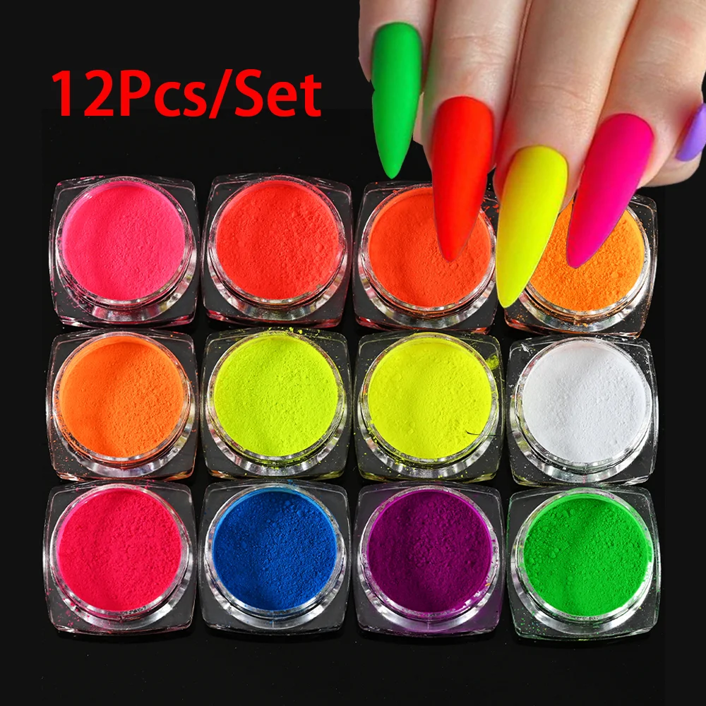 

12-Colors/Set Neon Fluorescent Nail Art Powder Xmas Rainbow Chrome Pigment DIY Eyeshadow Manicure Decor Glitter Dipping Dust *&