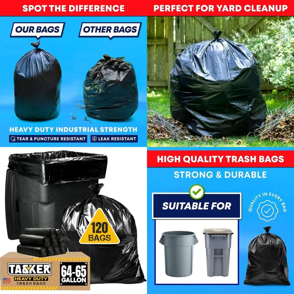 

Heavy-Duty 65 Gallon Extra Large Trash Bags, 120-Pack for Large Waste Bins