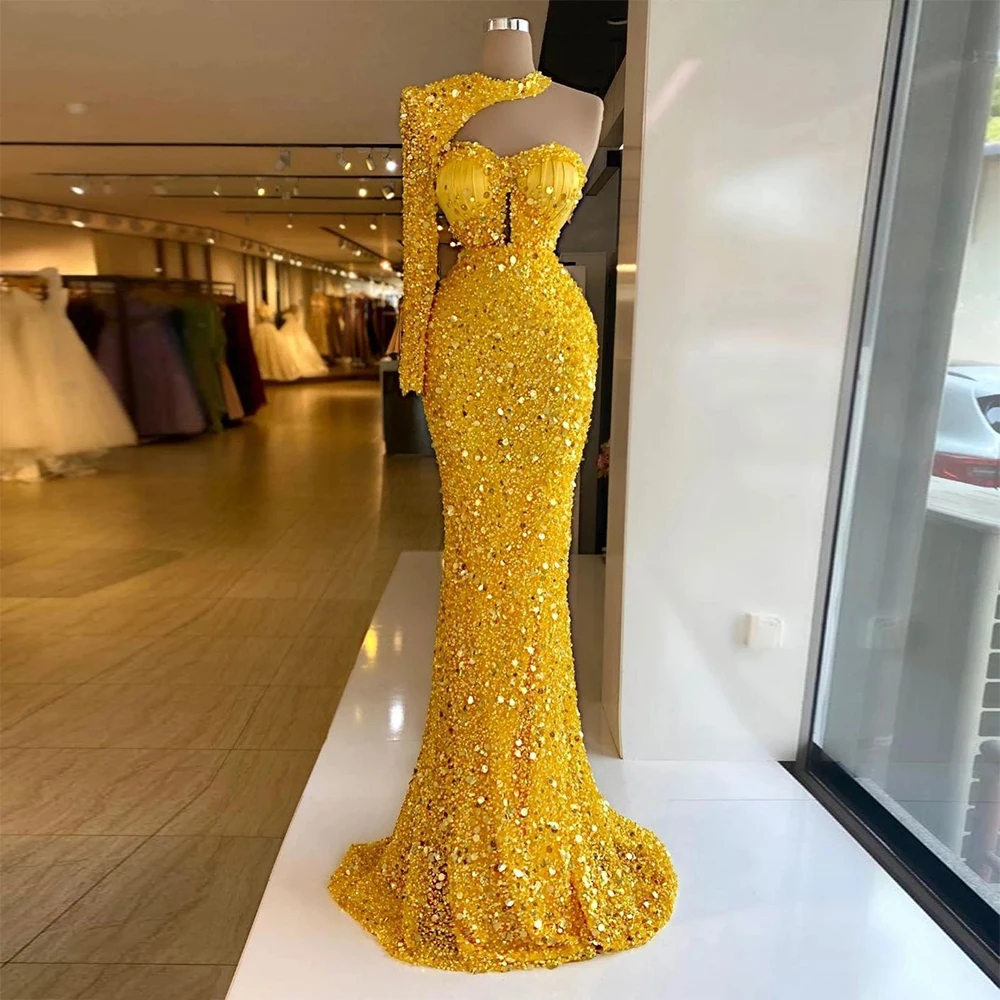 Vestidos de sirena brillantes con manga de un hombro para mujer, vestidos sexys de fiesta, vestidos de noche con lentejuelas, vestidos largos de graduación, 2023