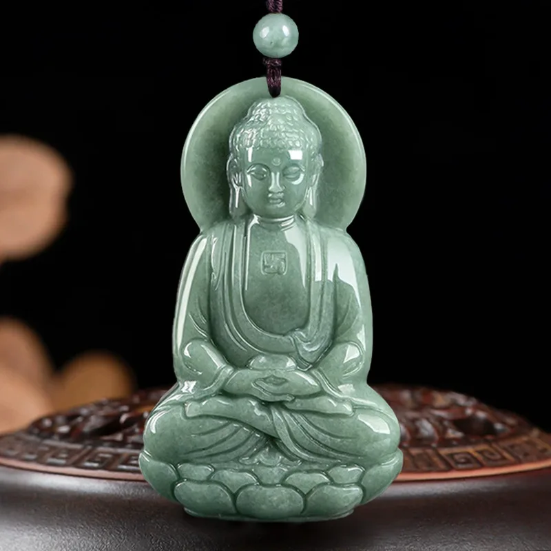 

Natural Type A Pea Green Jadeite 3D Carved Amitabha Buddha Icy Amulet Pendant Unisex Jade Jewelry