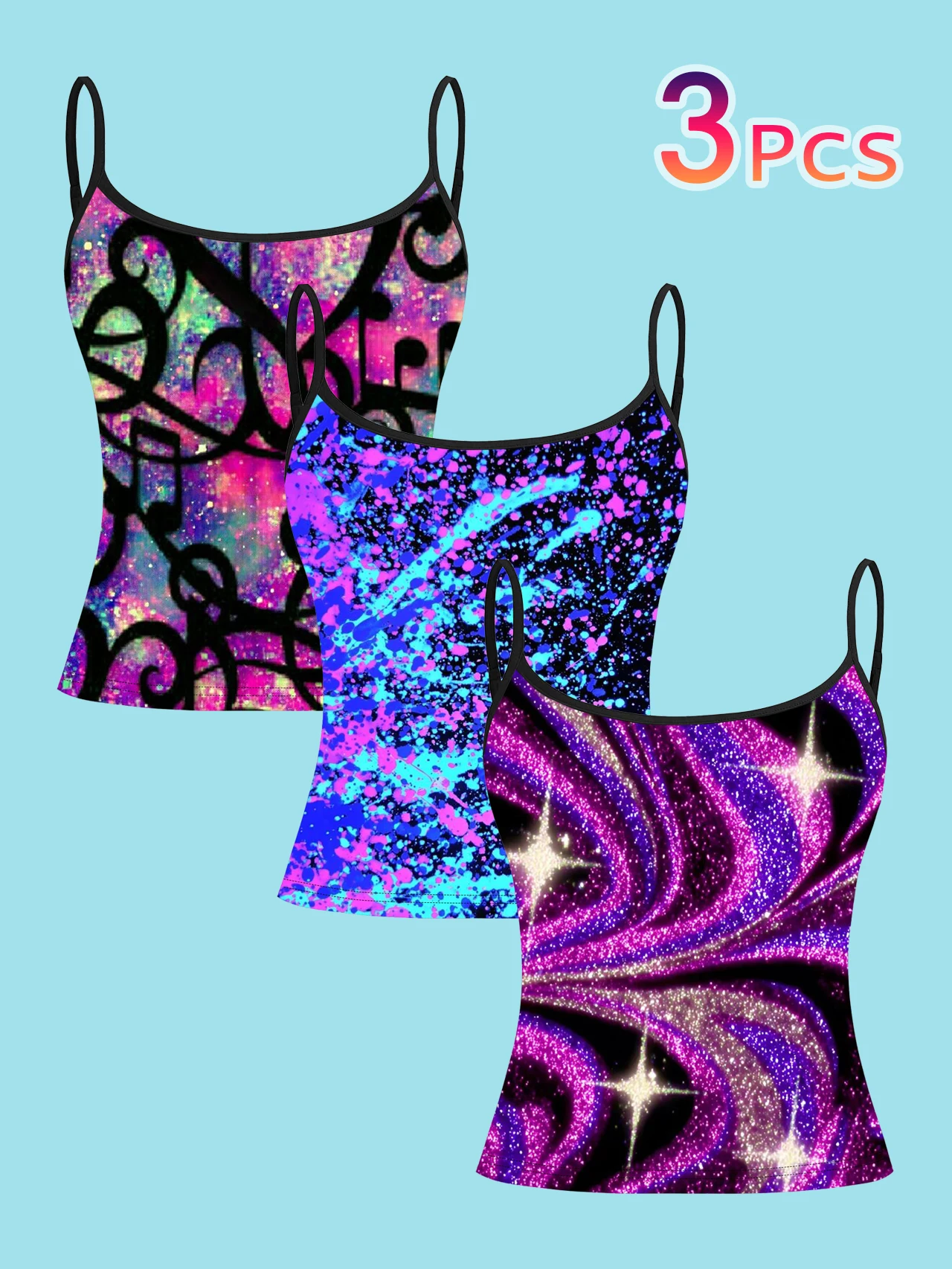 3-Pack Y2K Glitter Graffiti Print Camisole for Women, Music Symbol Splash Ink Spray Paint Glitter Pattern Slim-Fit Spaghetti Strap Inner Top