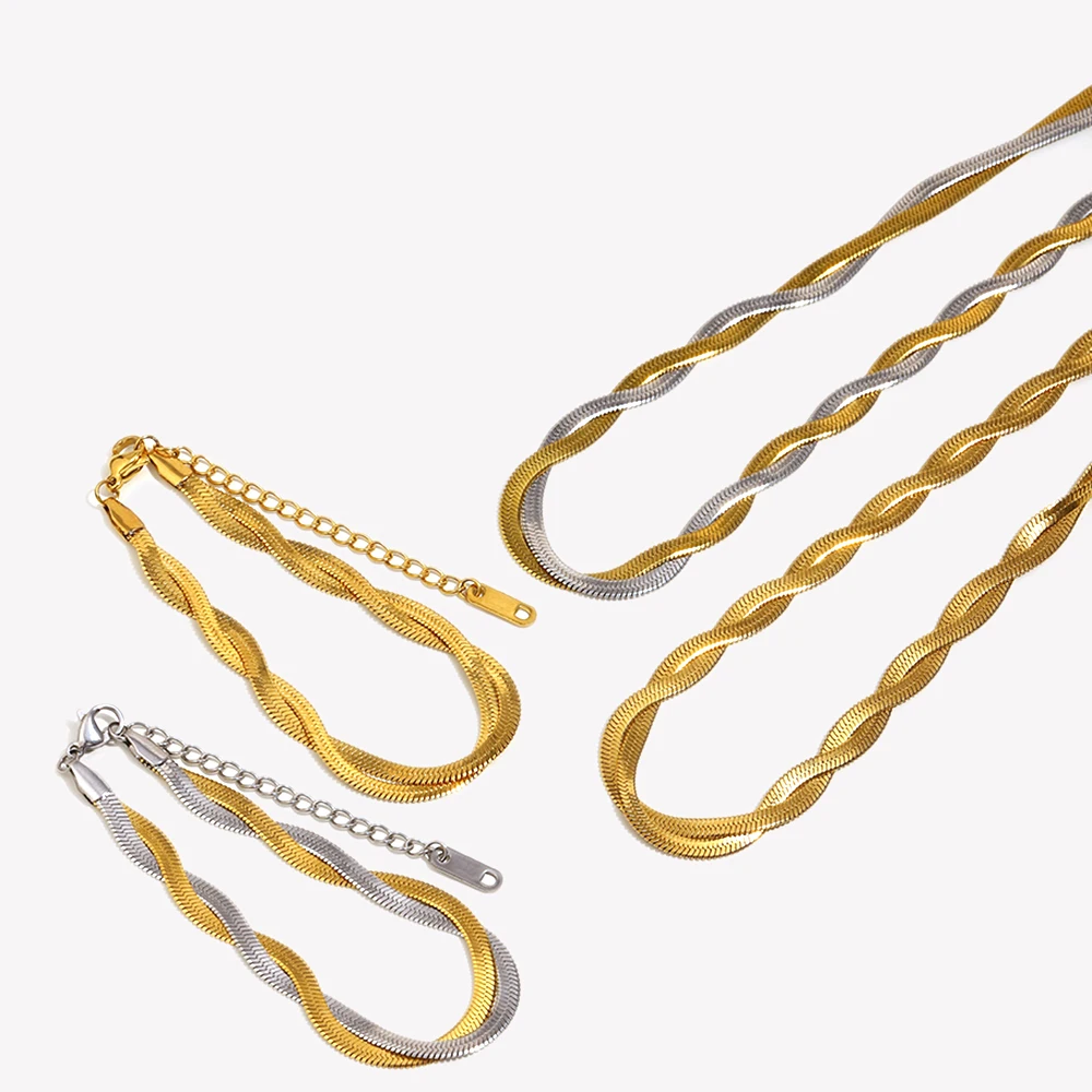 E.B.belle Gold&Silver Color Braid Herryingbone Chain Choker Necklace For Woman E B belle Official Store Stainless Steel Jewelry