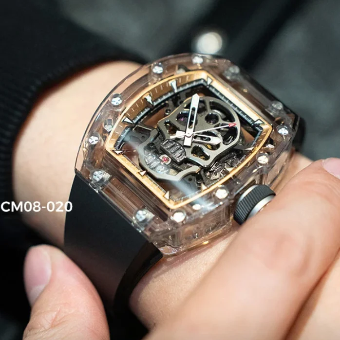 CRONUSART Men Automatic Watch 50mm Tonneau Mechanical Wristwatch Sapphire Case & Mirror Luminous FKM Strap Skeleton Skull Dial
