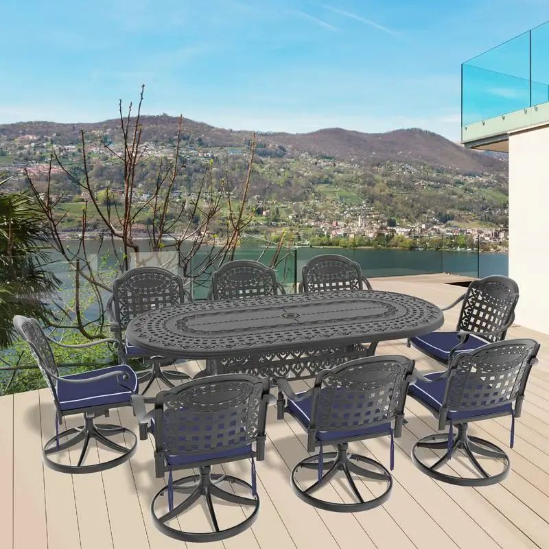 

9-Piece All-Weather Cast Aluminum Dining Set with 8 Swivel Chairs & Oval Table - Black Frame