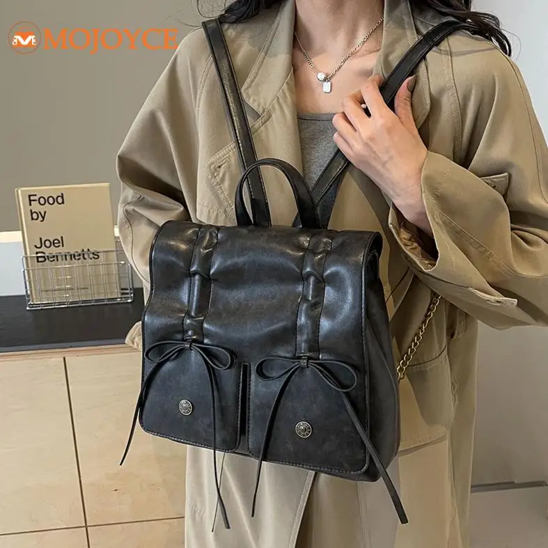 Women\'s PU Leather Classic Backpacks Preppy Style Drawstring Knapsacks Retro Solid Students Rucksack Japanese Aesthetic Mochilas