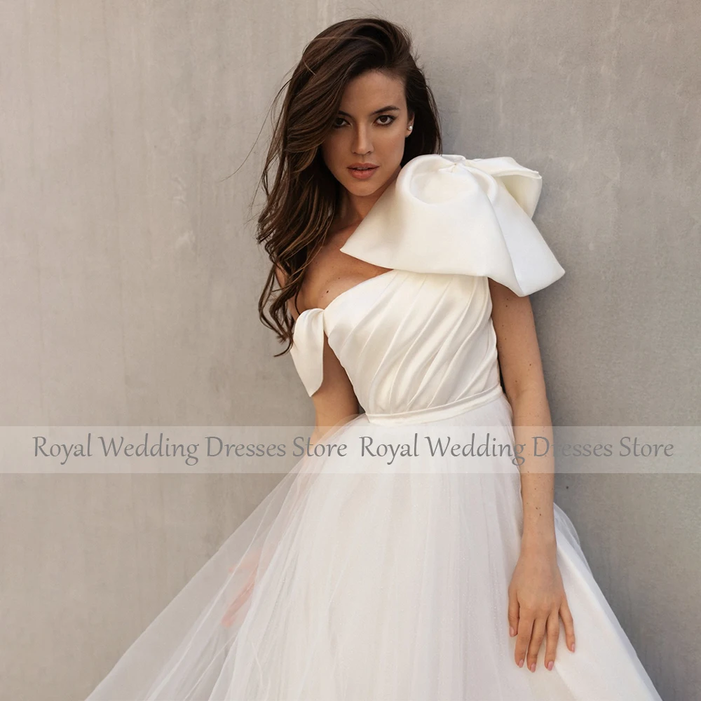 Elegant Wedding Dress for Bride Big Bow One Shoulder A Line Wedding Gowns Ivory Satin Tulle Belt Off the Shoulder Bridal Dresses