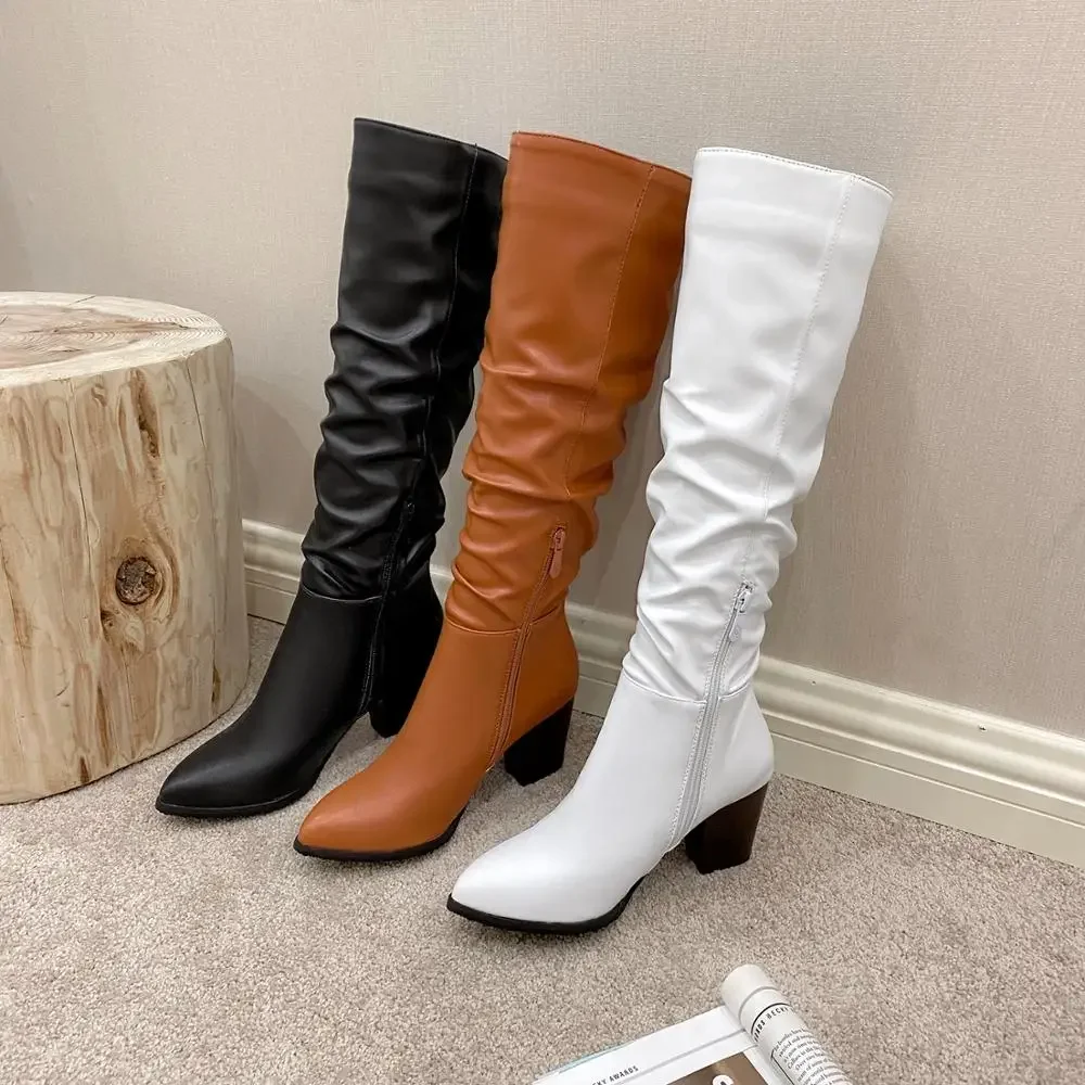 Plus Size 32-45New Brand Women Boots Thick High Heels Autumn Winter Boots Cowboy Western Knee High Boots Women Shoes