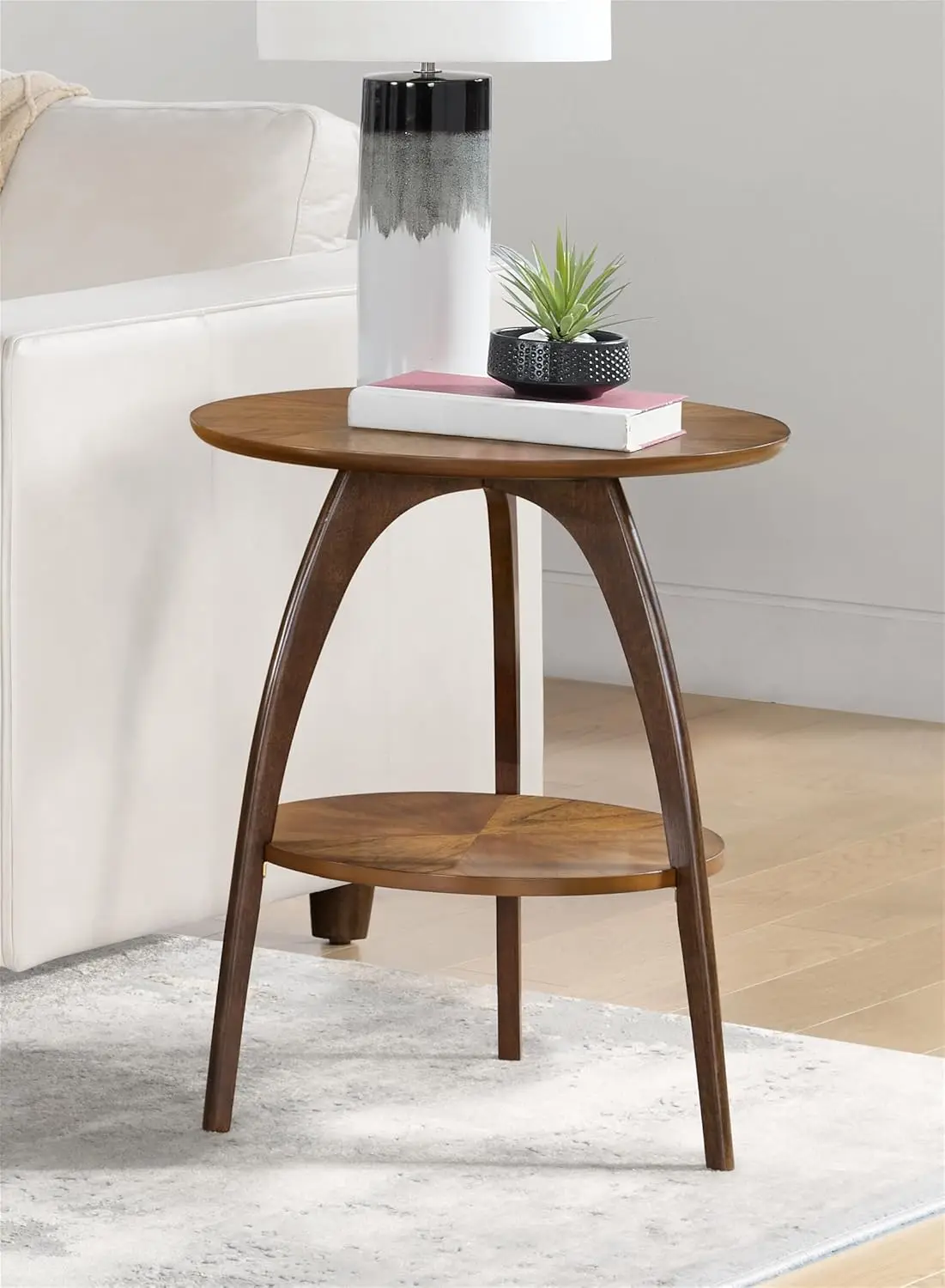 

Mid-Century Round Wood End Table with Lower Shelf Small Accent Nightstand Living Room Nutmeg Brown Top Espresso Legs, Customized