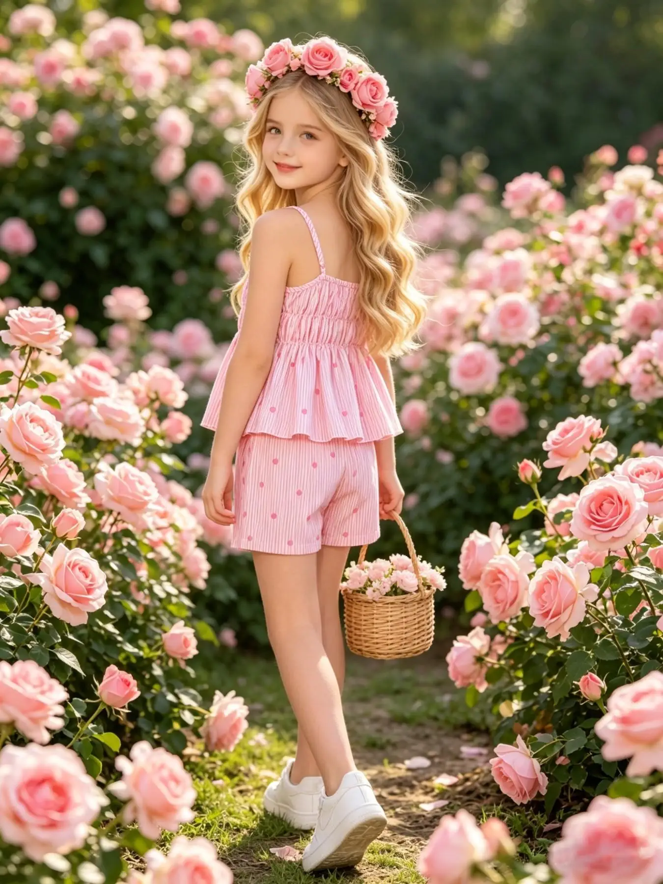 Girls' Summer Casual Two-Piece Set: Striped & Heart-Print Spaghetti-Strap Top + Elastic-Waist Shorts — A Stylish Casual Outfit f