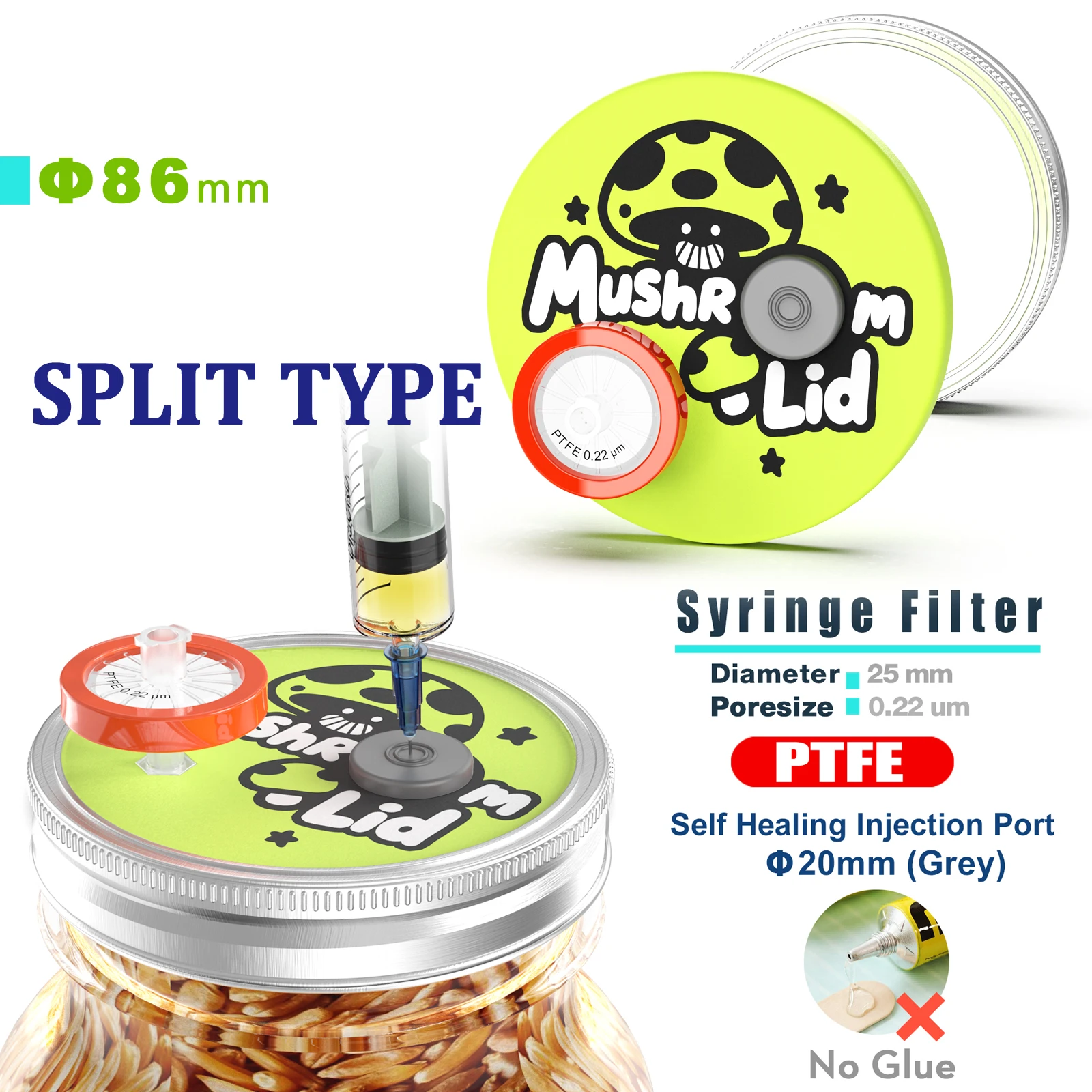 مجموعة زراعة الفطر، جرة ميسون 500 مل مع أغطية مقاومة للصدأ من النوع المنفصل، ومرشحات PTFE ومنافذ حقن ذاتية الشفاء