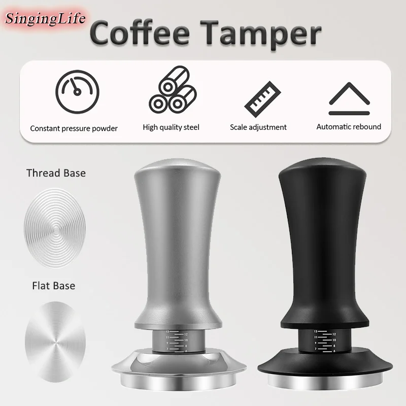 

51/53/58mm Coffee Tamper Stainless Steel Coffee Powder Constant Press Hammer with Scale Flat/Thread Base Espresso Accessories