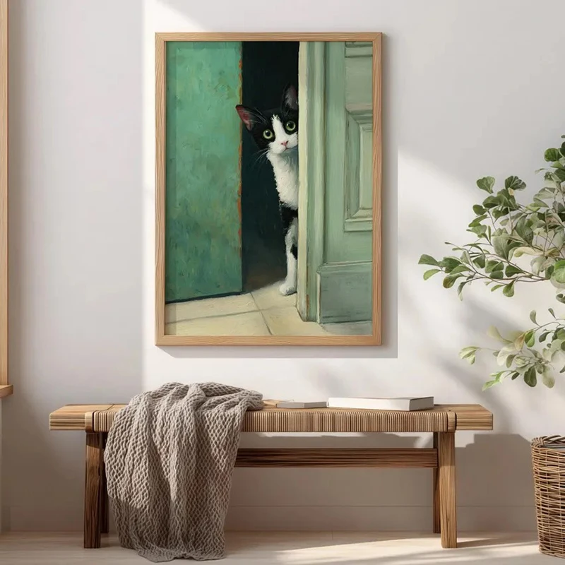 Peaceful Vintage Cat Canvas Painting Black White Kitty Art Print Animal Poster Minimalist Home Decoration
