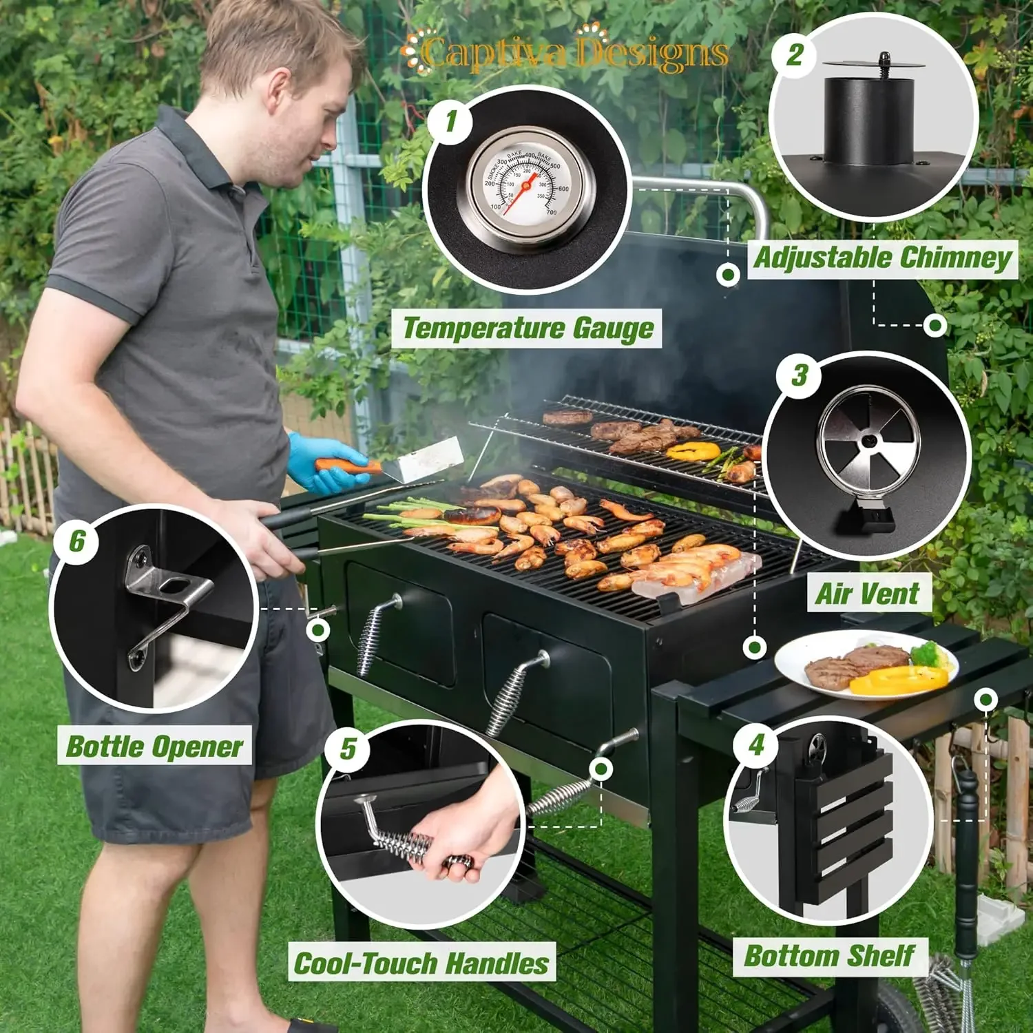 Captiva Designs griglia per barbecue a carbone Extra Large con Area di cottura Oversize (794 mq), griglia da cucina per esterni con 2 individuali