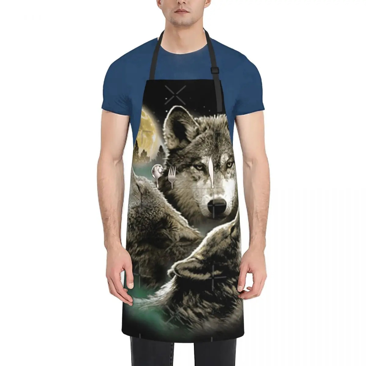 

Three Wolves Howling In Moonlight Fashion Dacron Kitchen Aprons For Woman Men Chef Work