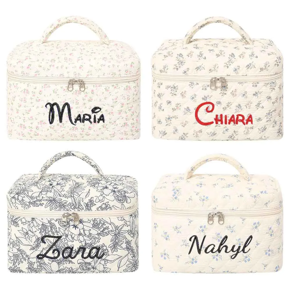Personalized Embroidery Name Handheld Makeup Bag Large Capacity Floral Cotton Portable Storage Bag Outdoor Travel Cosmetic Bag