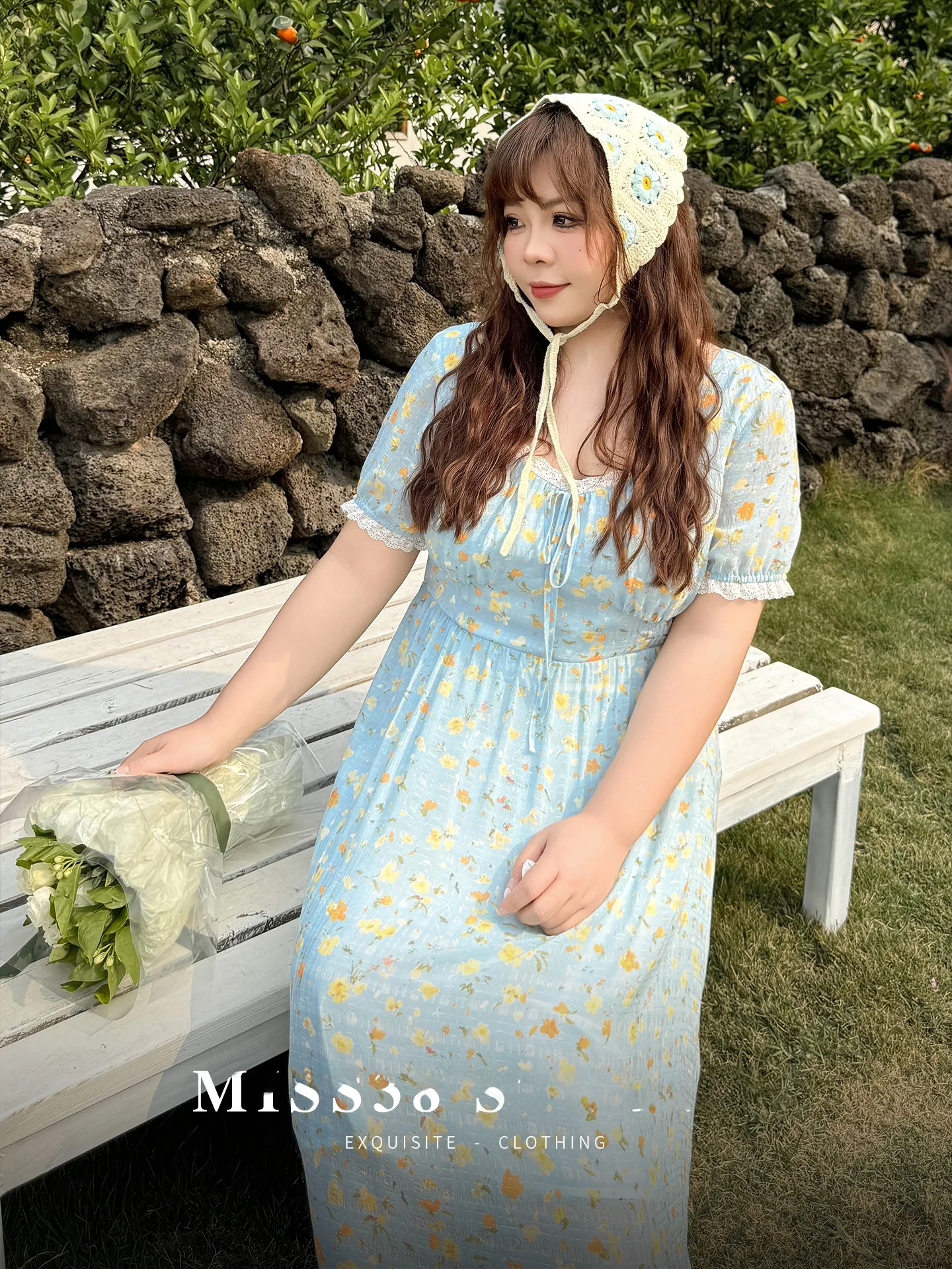 

Limited Edition plus Size Floral Print Dress Bubble Sleeve Square Neckline Meat Concealing Casual Sweet Style Polyester Fiber