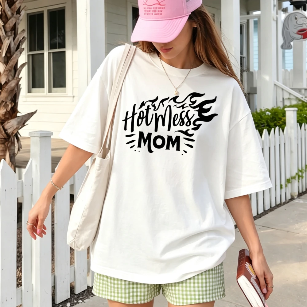 Hot Mess Mom Graphic T Shirt Retro Handwritten Text Fire Flame Print Short Sleeve Funny Mommy Life Casual Mother's Day Gift Tees