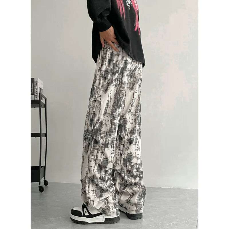 Beige Casual Pants Men Fashion Retro Straight Pants Men Streetwear Hip-hop Loose Tie Dye Pants Mens Vintage Trousers M-3XL