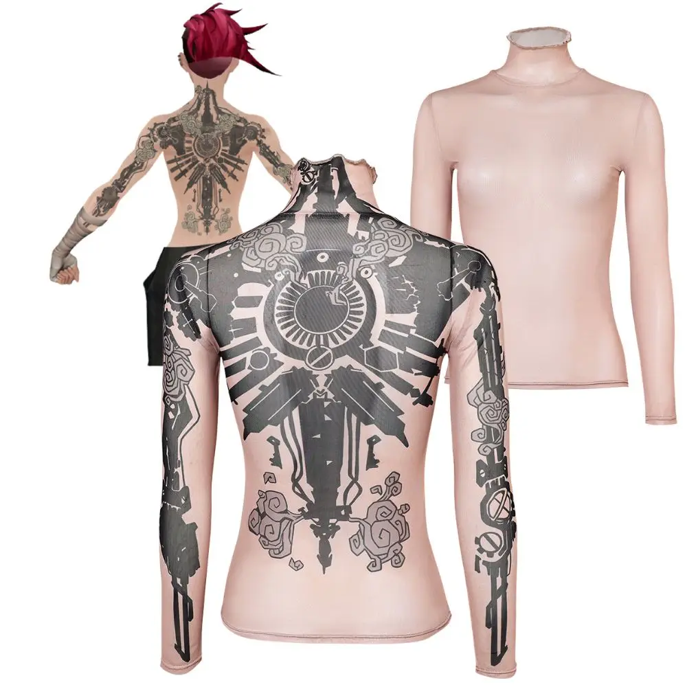 Arcane Vi Cosplay Tight Tattoo Shirt Costume for Women Tops Game LOL Disguise Vi Roleplay Tops Outfits Halloween Carnival Suit