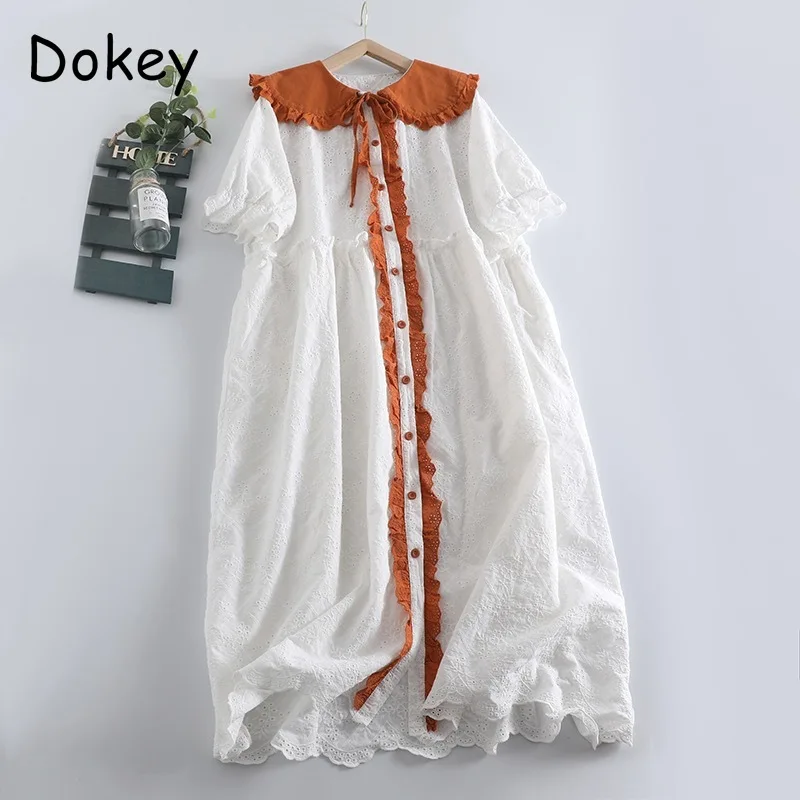 Vintage Embroidery Hollow Out White Dress Women Japanese Ruffles Peter Pan Collar Lace-up Loose Patchwork Dress Summer Vestidos