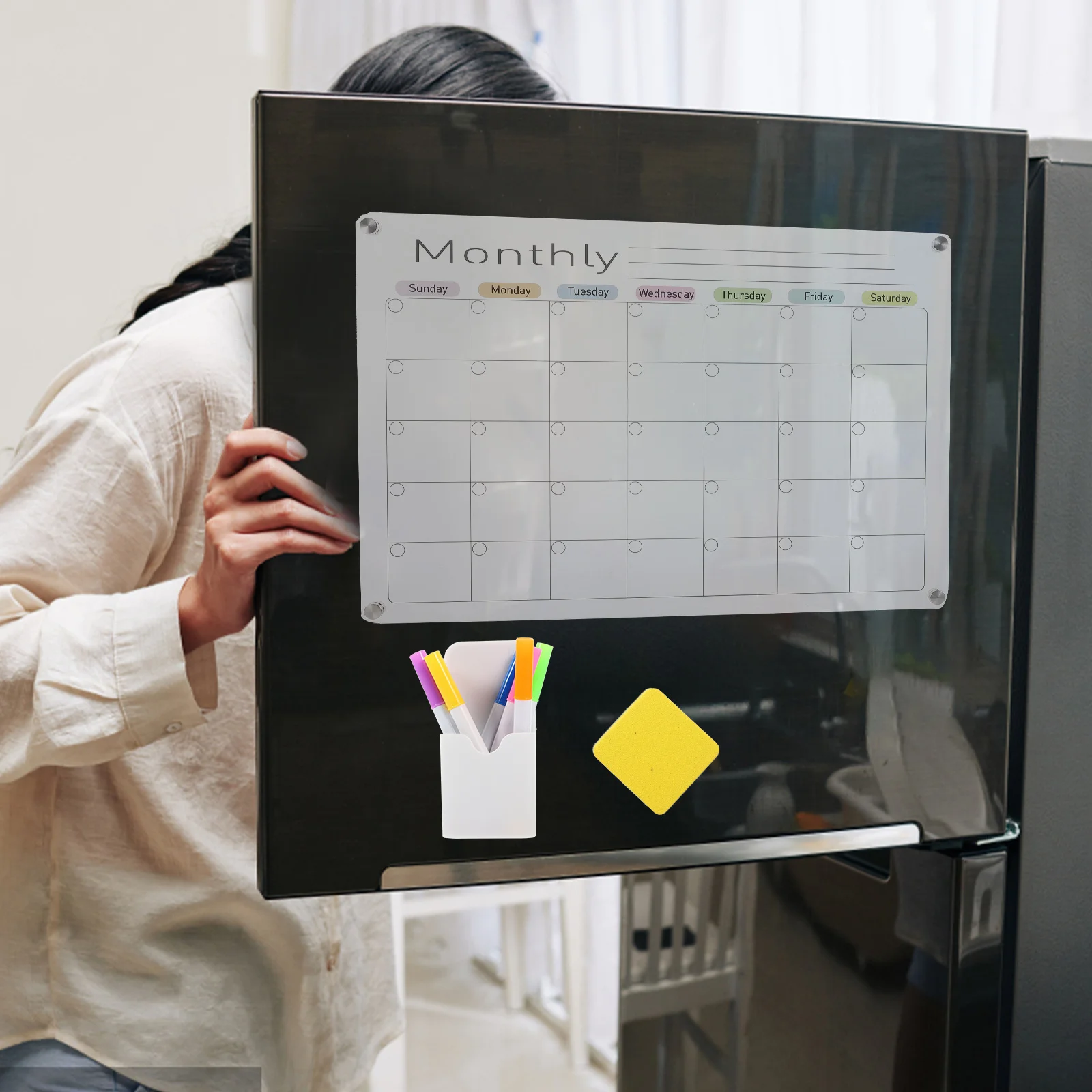 لوحة تخطيط الثلاجة المغناطيسية من الأكريليك، قوية ومسح جاف، سبورة بيضاء، منظم تذكير، تقويم أكريليك #1