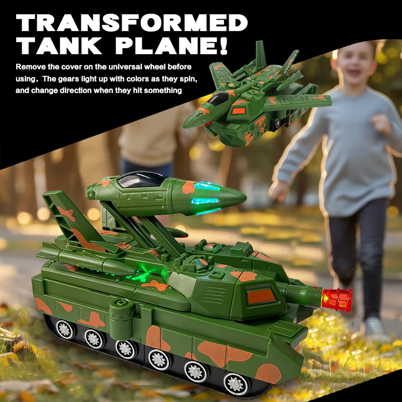 ของเล่นเครื่องบินรถถังแปลงร่างสำหรับเด็ก ของเล่นเดินได้อเนกประสงค์พร้อมฟังก์ชั่นเสียงและแสงสุดเจ๋ง ของขวัญวันหยุด