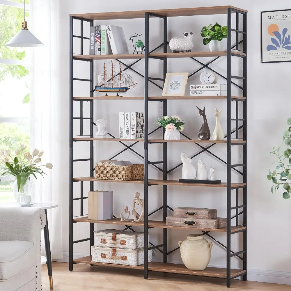 Bookshelf, Industrial Double Wide 7-Tier with Open Shelves, Heavy Duty Bookshelf with Storage,  84