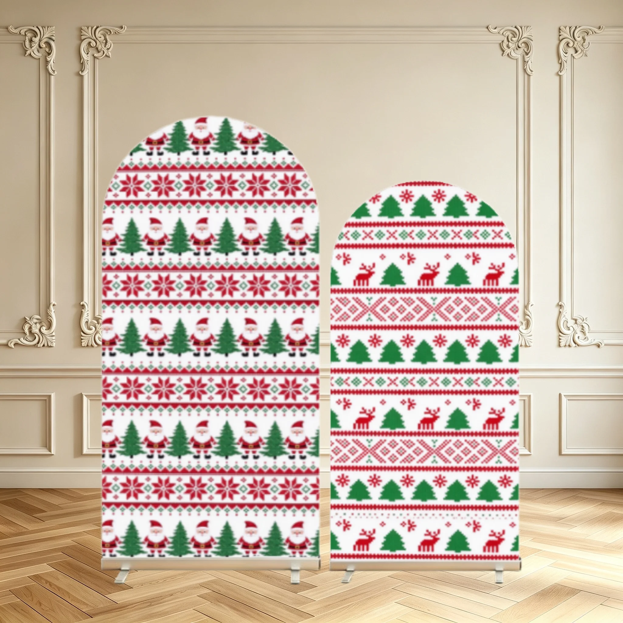 Retro Knit Christmas  Arch Backdrop Cover Santa Tree Reindeer Geometric Knit Print Kids Party Decor Double Sided  Arch Covers