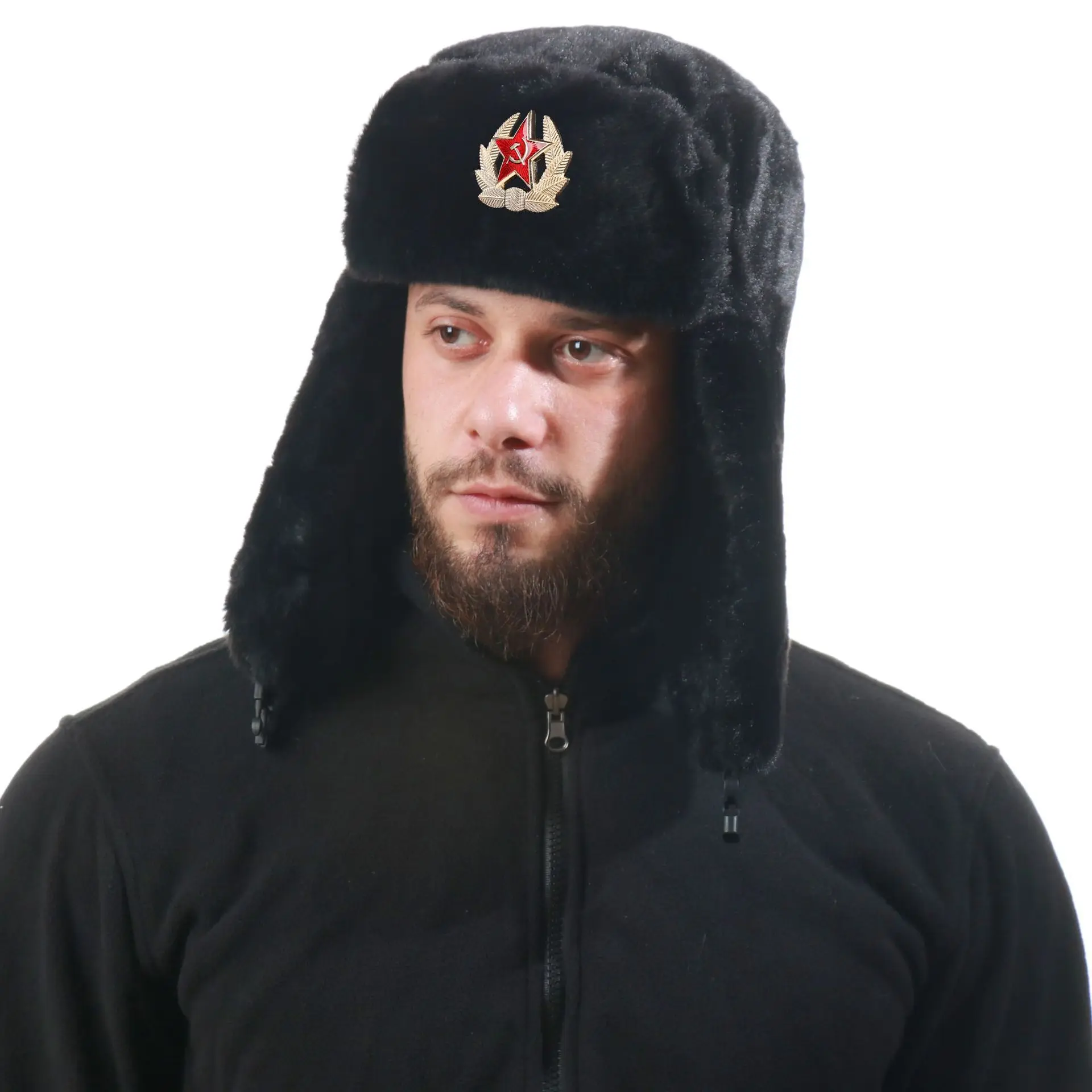 

Soviet Badge Men's And Women's Imitation Rabbit Hair Outdoor Hat Ear Protection Russian Full Wool Warm Hat Cold