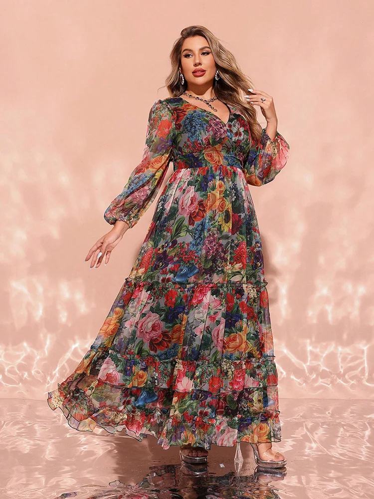 TOLEEN-Women's Floral Print V-Neck Lantern Sleeve Maxi Dress, Plus Size, Spring, Summer, Casual, Elegant, Formal Party, New,2024