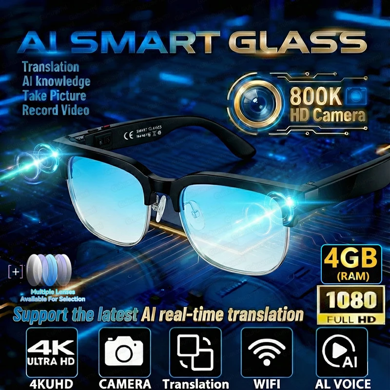 

2026 New Smart Glasses 4K HD 800W Pixel Dual-Camera Men 1080P Video Recording AI Chat WIFI Transmission Translation Call Glasses