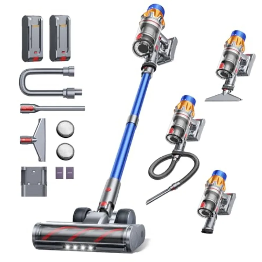 Cordless Vacuum Cleaner with 2 Batteries 130 Mins/50KPa/600W Stick Vacuum Cleaners for Home with 3.3Ft Hose Sofa Brush TouchScr
