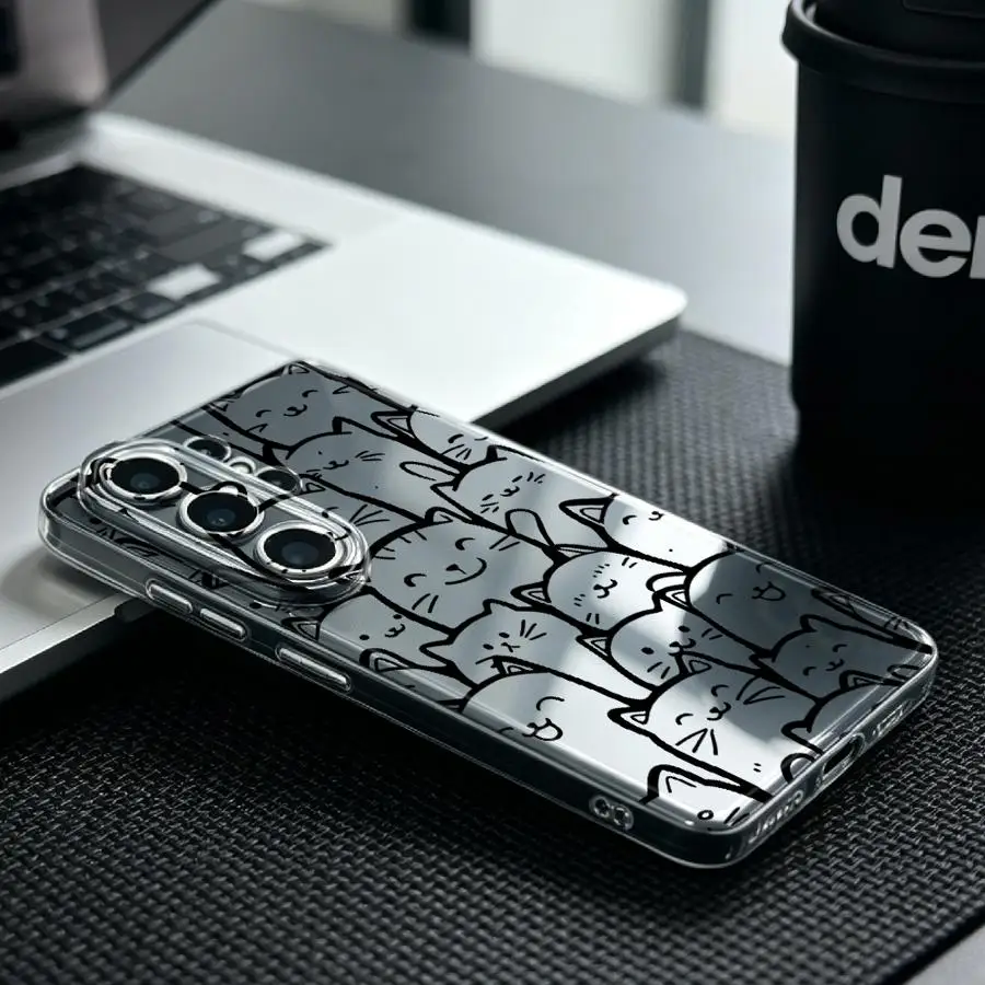 Line Art Cat Pattern Print Case for Samsung Galaxy S26 S24 S22 FE S25 Edge Note 20 Ultra 10 S20 Plus S21 S23 Ultra Phone Cover