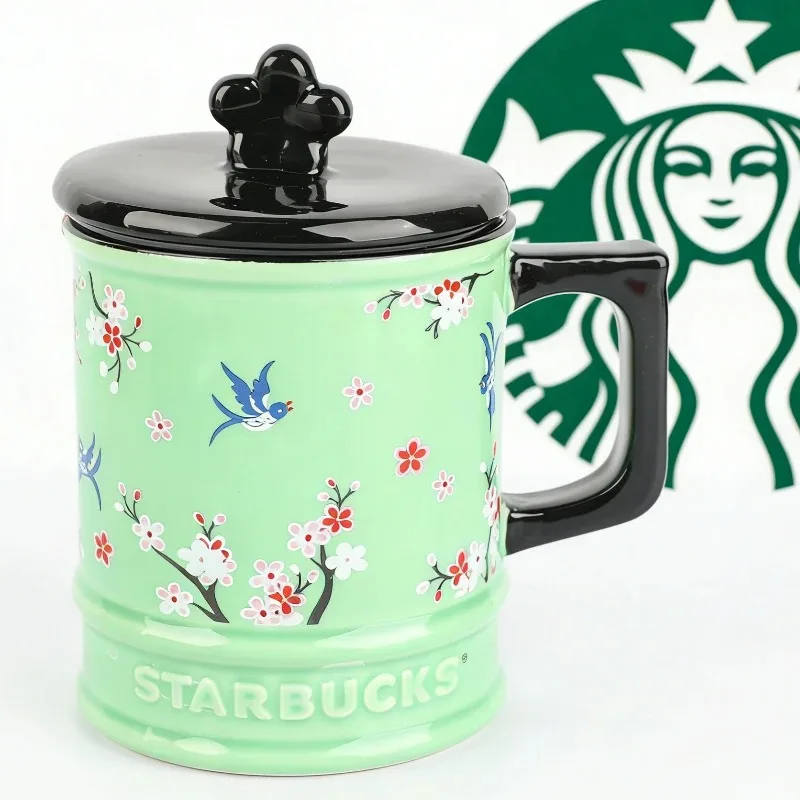 Taza de Porcelana Verde Starbuck's Plum Magpie de 473 ml, Taza con Patrón Oriental en Relieve, Tapa Negra Sellada, Regalo Ideal para San Valentín