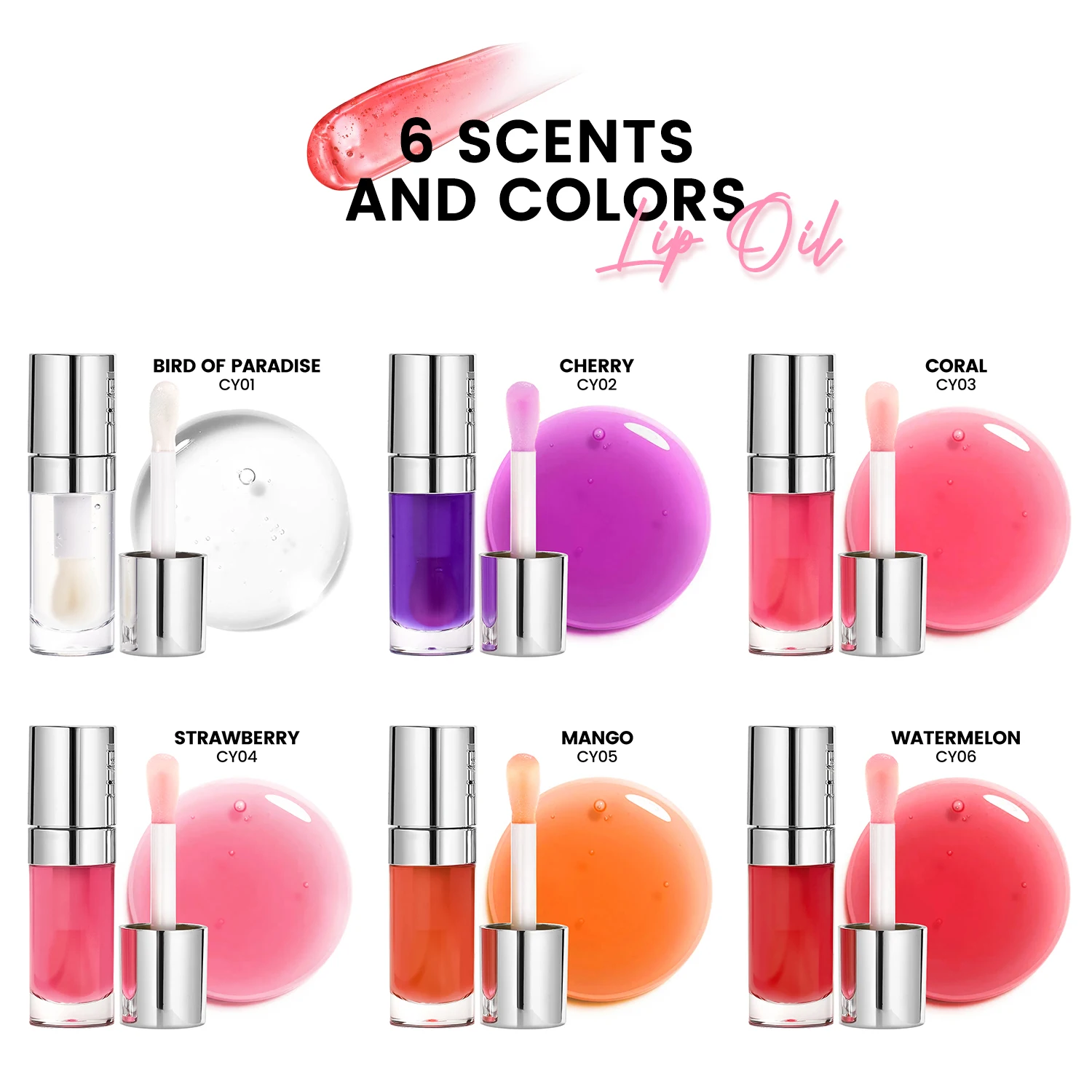 Private Label 6-color Fruity Scented Lip Oil Custom Logo Moisturizing Hydrating Long-lasting Natural Makeup Wholesale Silver Lid