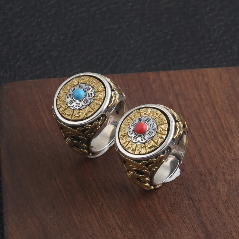 BOCAI New S925 Sterling Silver Jewelry Vintage Personality Six Character Mantra Gossip Rotating Ring Men's Selected Gift